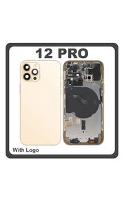 HQ OEM Συμβατό Με Apple iPhone 12 Pro, (A2407, A2341) Rear Back Battery Cover Middle Frame- Housing Πίσω Κάλυμμα Καπάκι Πλάτη Μπαταρίας + Power Button + Volume Button Flex Cable + Sim Card Tray + Flashlight Flex + NFC Gold Χρυσό (Premium A+)