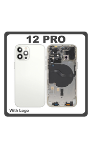 HQ OEM Συμβατό Με Apple iPhone 12 Pro, (A2407, A2341) Rear Back Battery Cover Middle Frame- Housing Πίσω Κάλυμμα Καπάκι Πλάτη Μπαταρίας + Power Button + Volume Button Flex Cable + Sim Card Tray + Flashlight Flex + NFC White Άσπρο (Premium A+)