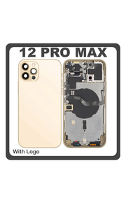 HQ OEM Συμβατό Με Apple iPhone 12 Pro Max, iPhone12 Pro Max (A2411, A2342) Rear Back Battery Cover Middle Frame- Housing Πίσω Κάλυμμα Καπάκι Πλάτη Μπαταρίας + Power Button + Volume Button Flex Cable + Sim Card Tray + Flashlight Flex + NFC Gold Χρυσό (Premium A+)