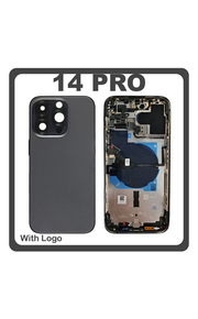 HQ OEM Συμβατό Με Apple iPhone 14 Pro (A2890, A2650) Rear Back Battery Cover Middle Frame- Housing Πίσω Κάλυμμα Καπάκι Πλάτη Μπαταρίας + Power Button + Volume Button Flex Cable + Sim Card Tray + Flashlight Flex + NFC Black Μαύρο (Premium A+)