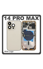 HQ OEM Συμβατό Με Apple iPhone 14 Pro Max, iPhone 14 ProMax (A2894, A2651), Rear Back Battery Cover Middle Frame- Housing Πίσω Κάλυμμα Καπάκι Πλάτη Μπαταρίας + Power Button + Volume Button Flex Cable + Sim Card Tray + Flashlight Flex + NFC Gold Χρυσό (Premium A+)