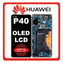 Γνήσια Original Huawei P40 (ANA-AN00, ANA-TN00) OLED LCD Display Screen Assembly Οθόνη + Touch Screen Digitizer Μηχανισμός Αφής + Frame Bezel Πλαίσιο Σασί + Battery Μπαταρία Deep Sea Blue Μπλε 02353MFU (Service Pack By Huawei)
