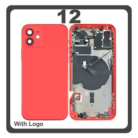 HQ OEM Συμβατό Με Apple iPhone 12 (A2403, A2172) Rear Back Battery Cover Middle Frame- Housing Πίσω Κάλυμμα Καπάκι Πλάτη Μπαταρίας + Power Button + Volume Button Flex Cable + Sim Card Tray + Flashlight Flex + NFC Red Κόκκινο (Premium A+)