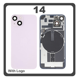 HQ OEM Συμβατό Με Apple iPhone 14, iPhone14 (A2882, A2649) Rear Back Battery Cover Πίσω Κάλυμμα Καπάκι Πλάτη Μπαταρίας + Metal Plate + Camera Lens Τζαμάκι Κάμερας + Magsafe + NFC Purple Μωβ (Premium A+)