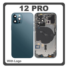 HQ OEM Συμβατό Με Apple iPhone 12 Pro, (A2407, A2341) Rear Back Battery Cover Middle Frame- Housing Πίσω Κάλυμμα Καπάκι Πλάτη Μπαταρίας + Power Button + Volume Button Flex Cable + Sim Card Tray + Flashlight Flex + NFC Blue Μπλε (Premium A+)