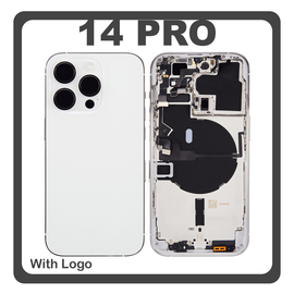HQ OEM Συμβατό Με Apple iPhone 14 Pro (A2890, A2650) Rear Back Battery Cover Middle Frame- Housing Πίσω Κάλυμμα Καπάκι Πλάτη Μπαταρίας + Power Button + Volume Button Flex Cable + Sim Card Tray + Flashlight Flex + NFC White Άσπρο (Premium A+)