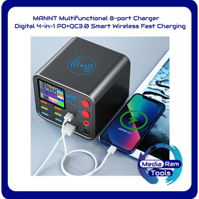 MANNT - Επιτραπέζιος Πολυφορτιστής Με Υποστήριξη PD, QC3 και Ασύρματης Φόρτισης. Με Ψηφιακή Οθόνη - MANNT Multifunctional 8-port Charger - Digital 4-in-1 PD+QC3.0 Smart Wireless Fast Charging