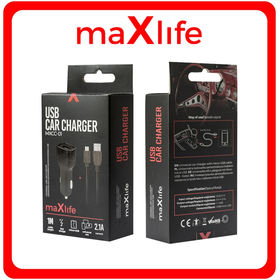 Maxlife Φορτιστής Αυτοκινήτου Μαύρος MXCC-01 Συνολικής Έντασης 2.1A με μία Θύρα USB μαζί με Καλώδιο Type-C