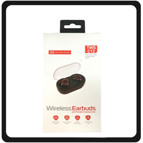 OEM Bluetooth Earphones Stereo TWS-C12 With Power Bank Black Μαύρο