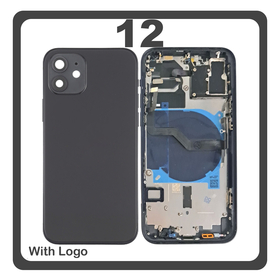 HQ OEM Συμβατό Με Apple iPhone 12 (A2403, A2172) Rear Back Battery Cover Middle Frame- Housing Πίσω Κάλυμμα Καπάκι Πλάτη Μπαταρίας + Power Button + Volume Button Flex Cable + Sim Card Tray + Flashlight Flex + NFC Black Μαύρο (Premium A+)