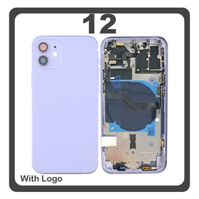 HQ OEM Συμβατό Με Apple iPhone 12 (A2403, A2172) Rear Back Battery Cover Middle Frame- Housing Πίσω Κάλυμμα Καπάκι Πλάτη Μπαταρίας + Power Button + Volume Button Flex Cable + Sim Card Tray + Flashlight Flex + NFC Purple Μωβ (Premium A+)
