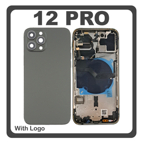 HQ OEM Συμβατό Με Apple iPhone 12 Pro, (A2407, A2341) Rear Back Battery Cover Middle Frame- Housing Πίσω Κάλυμμα Καπάκι Πλάτη Μπαταρίας + Power Button + Volume Button Flex Cable + Sim Card Tray + Flashlight Flex + NFC Black Μαύρο (Premium A+)
