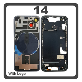 HQ OEM Συμβατό Με Apple iPhone 14, iPhone14 (A2882, A2649) Rear Back Battery Cover Middle Frame + Housing Πίσω Κάλυμμα Καπάκι Πλάτη Μπαταρίας - Σασί + Camera Lens Τζαμάκι Κάμερας + Side Keys  + Sim Tray Θήκη Κάρτας + Flashlight + NFC Black Μαύρο (Premium A+)