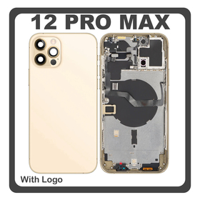 HQ OEM Συμβατό Με Apple iPhone 12 Pro Max, iPhone12 Pro Max (A2411, A2342) Rear Back Battery Cover Middle Frame- Housing Πίσω Κάλυμμα Καπάκι Πλάτη Μπαταρίας + Power Button + Volume Button Flex Cable + Sim Card Tray + Flashlight Flex + NFC Gold Χρυσό (Premium A+)