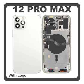 HQ OEM Συμβατό Με Apple iPhone 12 Pro Max, iPhone12 Pro Max (A2411, A2342) Rear Back Battery Cover Middle Frame- Housing Πίσω Κάλυμμα Καπάκι Πλάτη Μπαταρίας + Power Button + Volume Button Flex Cable + Sim Card Tray + Flashlight Flex + NFC White Άσπρο (Premium A+)