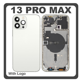 HQ OEM Συμβατό Με Apple iPhone 13 Pro Max (A2643, A2484) Rear Back Battery Cover Middle Frame- Housing Πίσω Κάλυμμα Καπάκι Πλάτη Μπαταρίας + Power Button + Volume Button Flex Cable + Sim Card Tray + Flashlight Flex + NFC White Λευκό (Premium A+