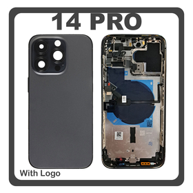 HQ OEM Συμβατό Με Apple iPhone 14 Pro (A2890, A2650) Rear Back Battery Cover Middle Frame- Housing Πίσω Κάλυμμα Καπάκι Πλάτη Μπαταρίας + Power Button + Volume Button Flex Cable + Sim Card Tray + Flashlight Flex + NFC Black Μαύρο (Premium A+)