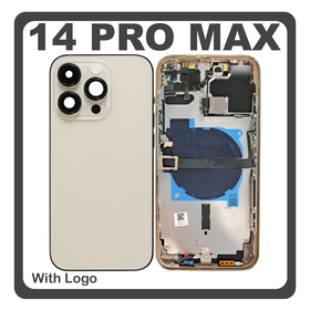 HQ OEM Συμβατό Με Apple iPhone 14 Pro Max, iPhone 14 ProMax (A2894, A2651), Rear Back Battery Cover Middle Frame- Housing Πίσω Κάλυμμα Καπάκι Πλάτη Μπαταρίας + Power Button + Volume Button Flex Cable + Sim Card Tray + Flashlight Flex + NFC Gold Χρυσό (Premium A+)