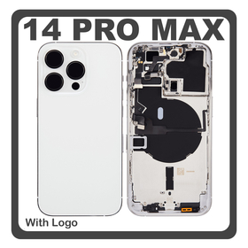 HQ OEM Συμβατό Με Apple iPhone 14 Pro Max, iPhone 14 ProMax (A2894, A2651), Rear Back Battery Cover Middle Frame- Housing Πίσω Κάλυμμα Καπάκι Πλάτη Μπαταρίας + Power Button + Volume Button Flex Cable + Sim Card Tray + Flashlight Flex + NFC Silver Ασημί (Premium A+)